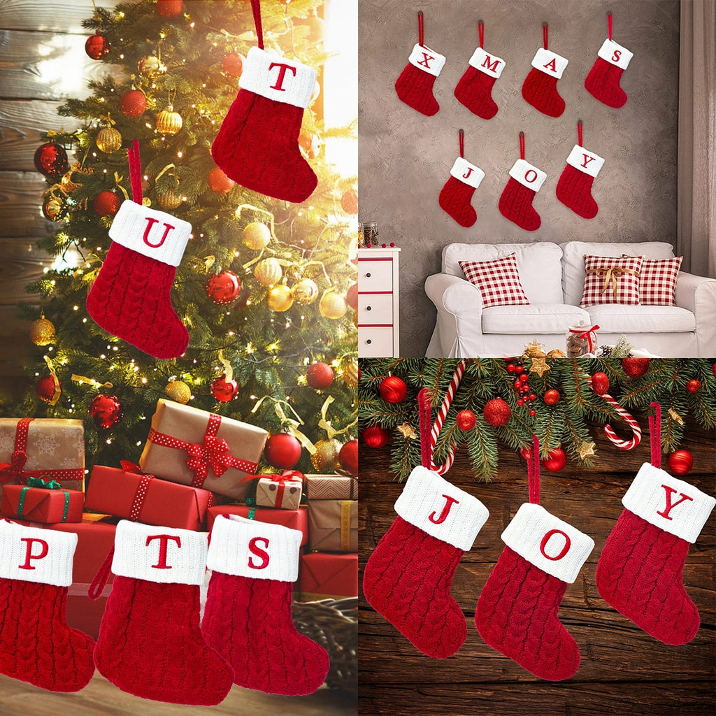 Christmas Socks Knitting Red Snowflake Alphabet Letters Christmas