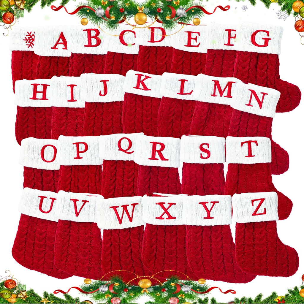 Christmas Socks Knitting Red Snowflake Alphabet Letters Christmas