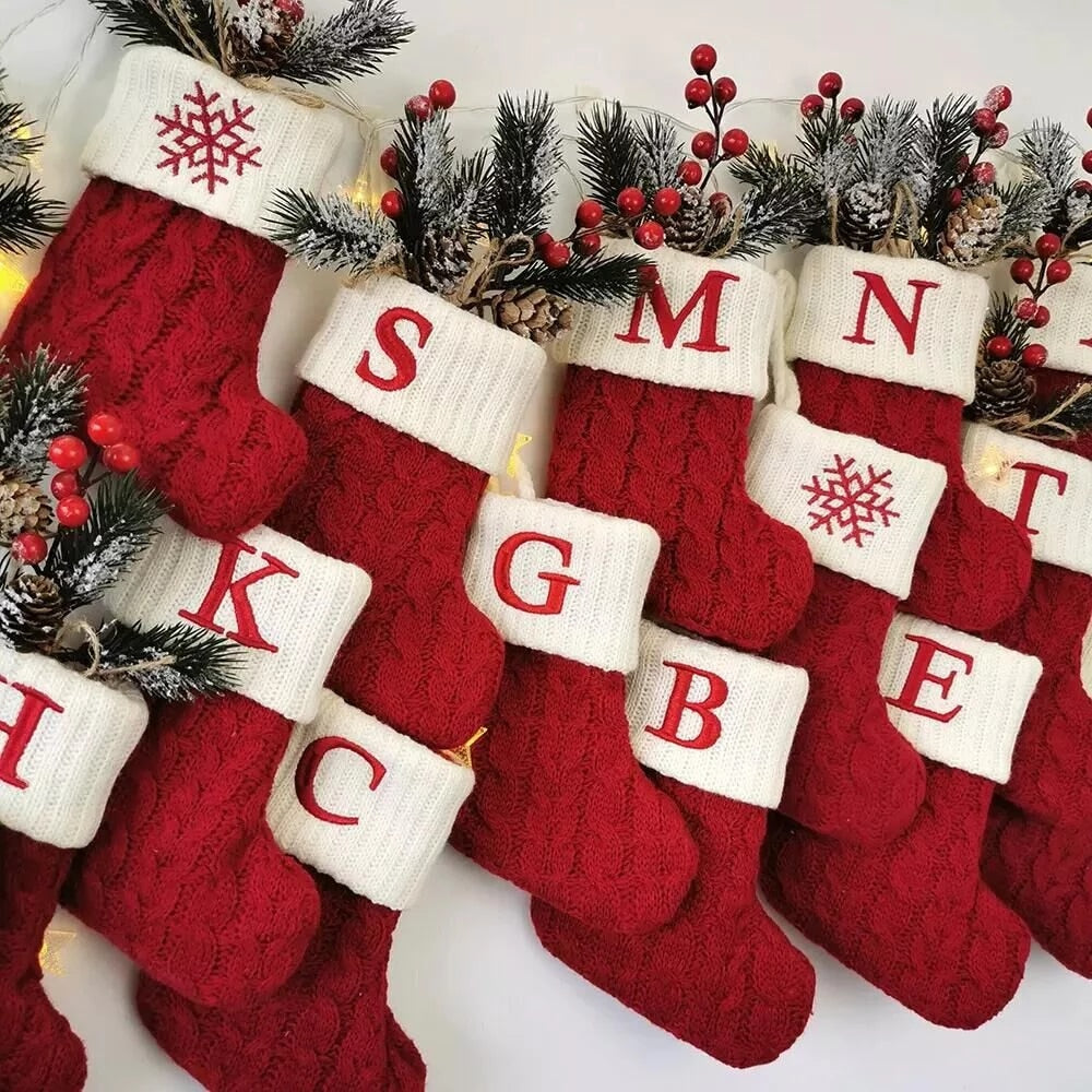 Christmas Socks Knitting Red Snowflake Alphabet Letters Christmas