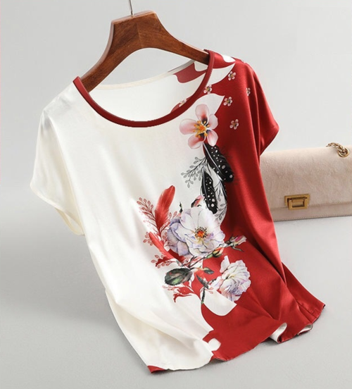 Fashion Floral Print Blouse Pullover Ladies Silk Satin Blouses Plus