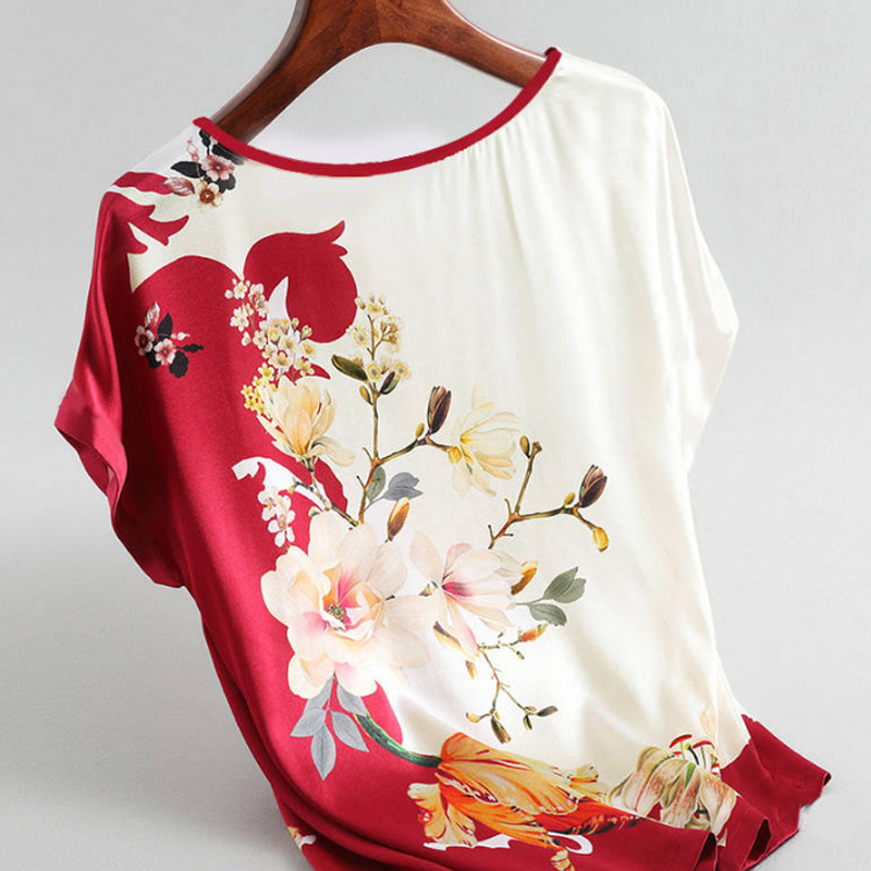 Fashion Floral Print Blouse Pullover Ladies Silk Satin Blouses Plus