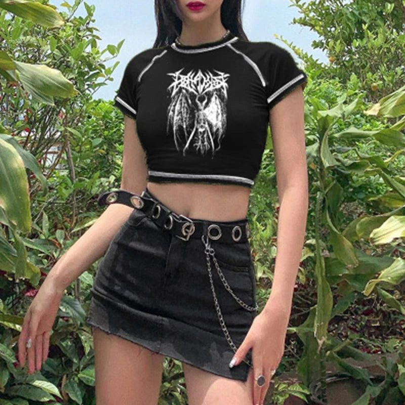 Women's T-shirt Harajuku crop Top Harajuku Retro Korean Black Demon