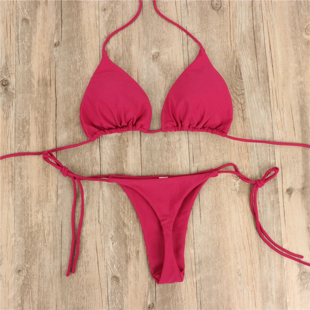Pink Swimsuit Bikini Women Solid Color Sexy High Leg Thong Swimwear