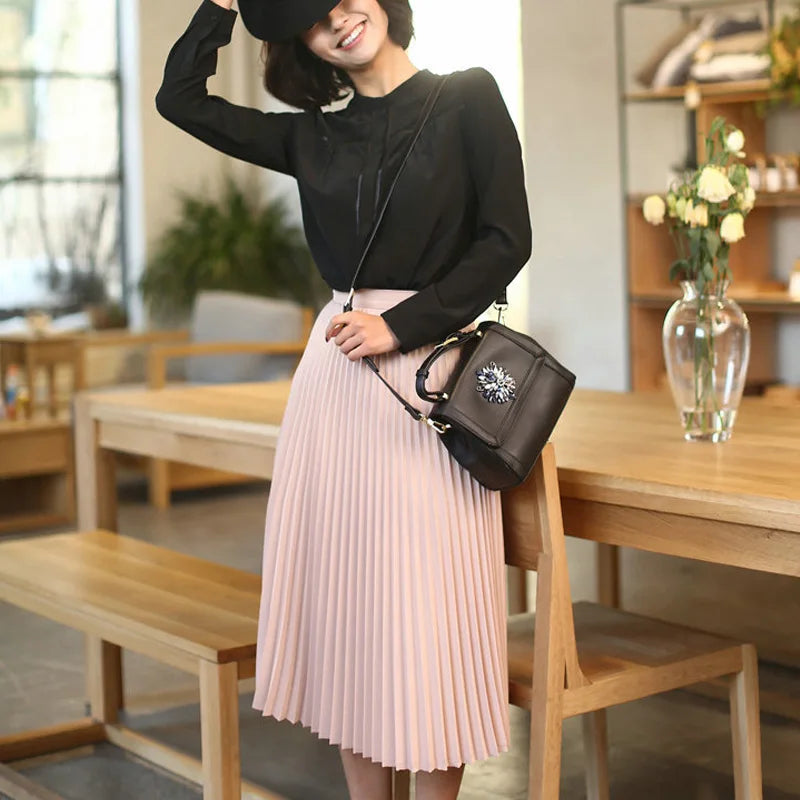New Fashion Women's High Waist Pleated Solid Color Half Length Elastic