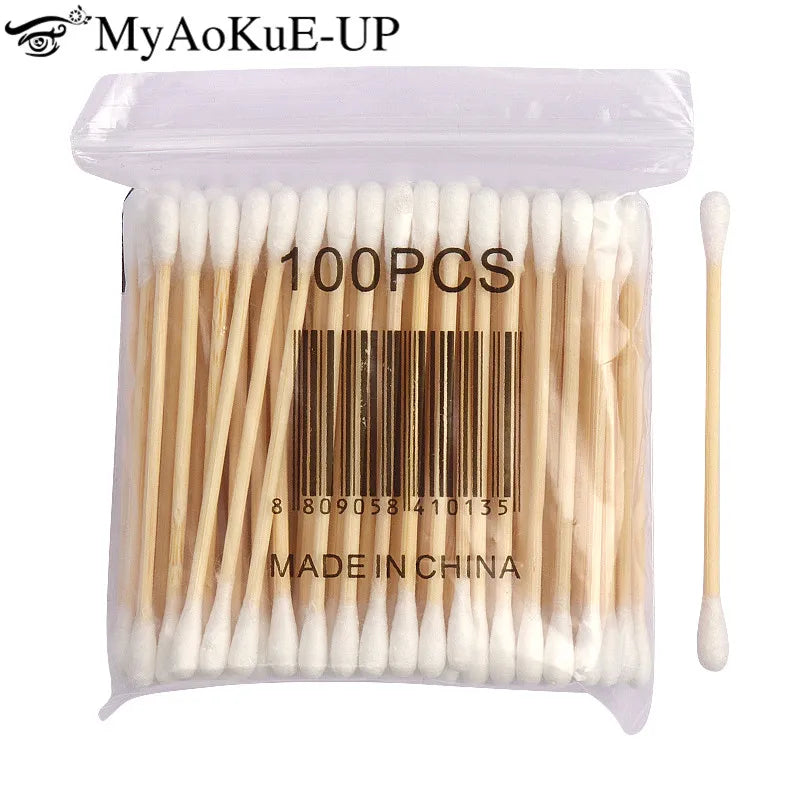 500pcs Double Head Wood Cotton Swab Nose Ears Cleaning Women Makeup