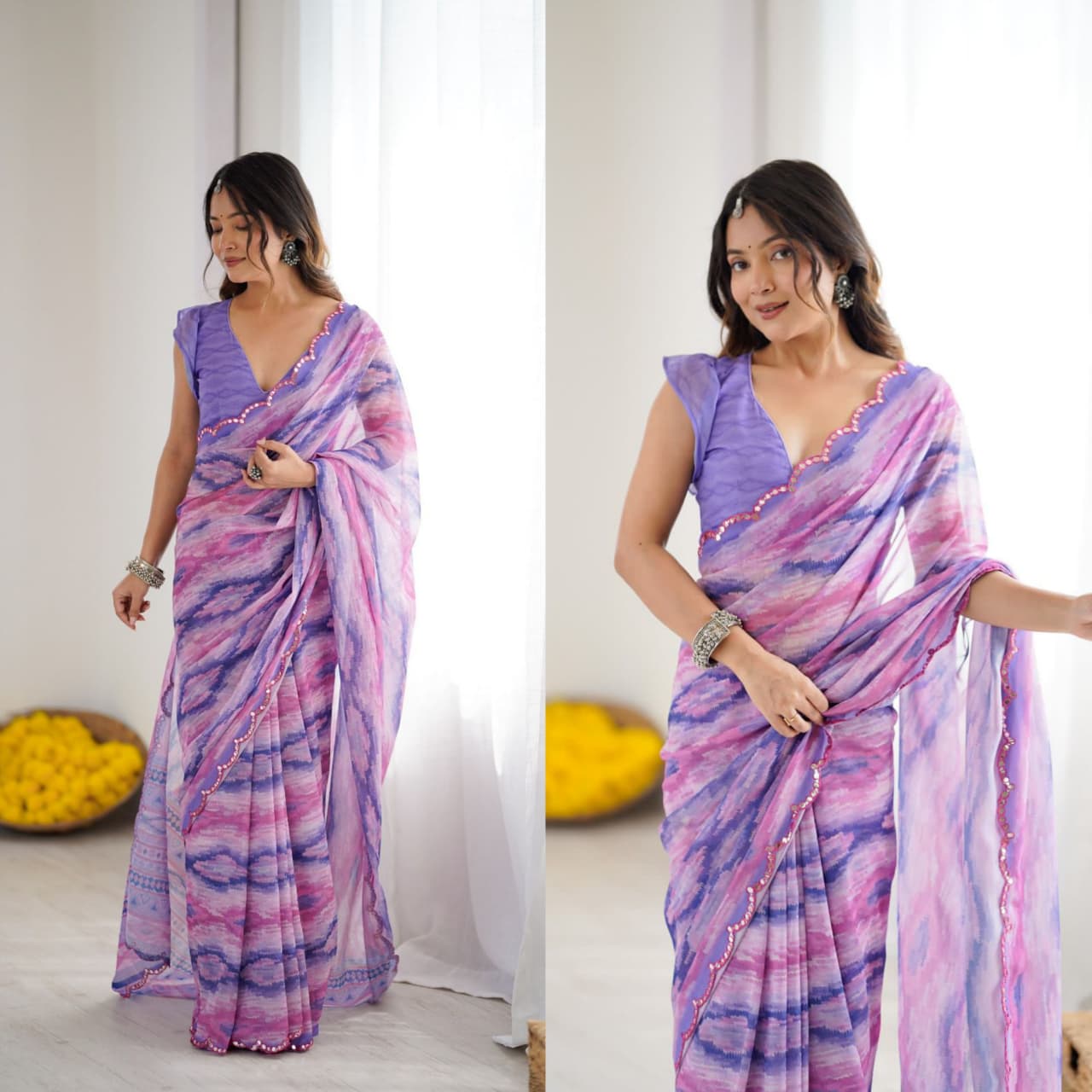 PRINTED SARI WITH MIRROR WORK