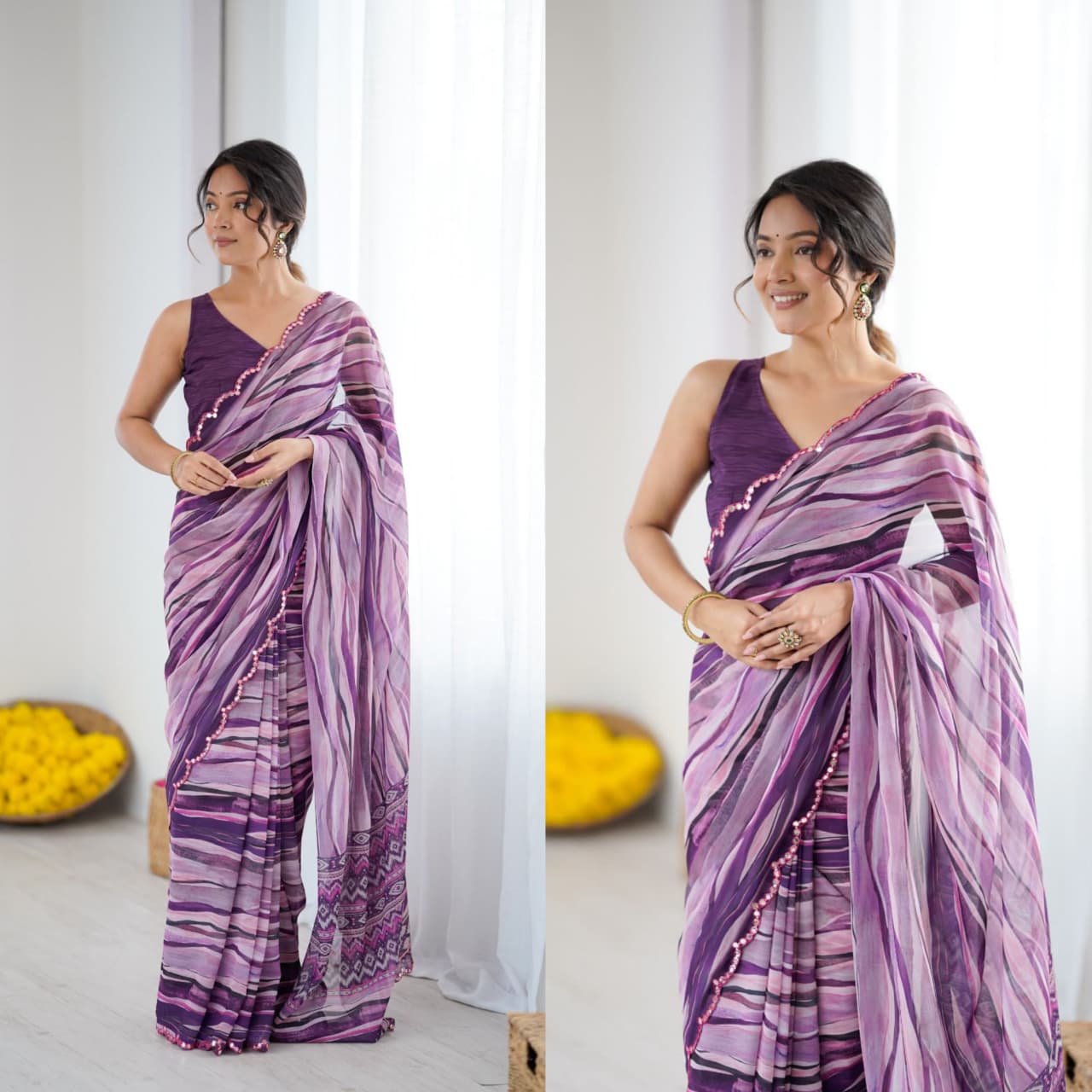 PRINTED SARI WITH MIRROR WORK