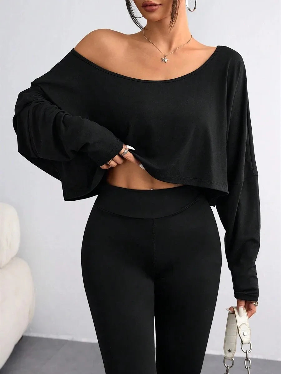 Women'S Black Long Sleeve Blouse T-shirt Casual Asymmetrical Neck