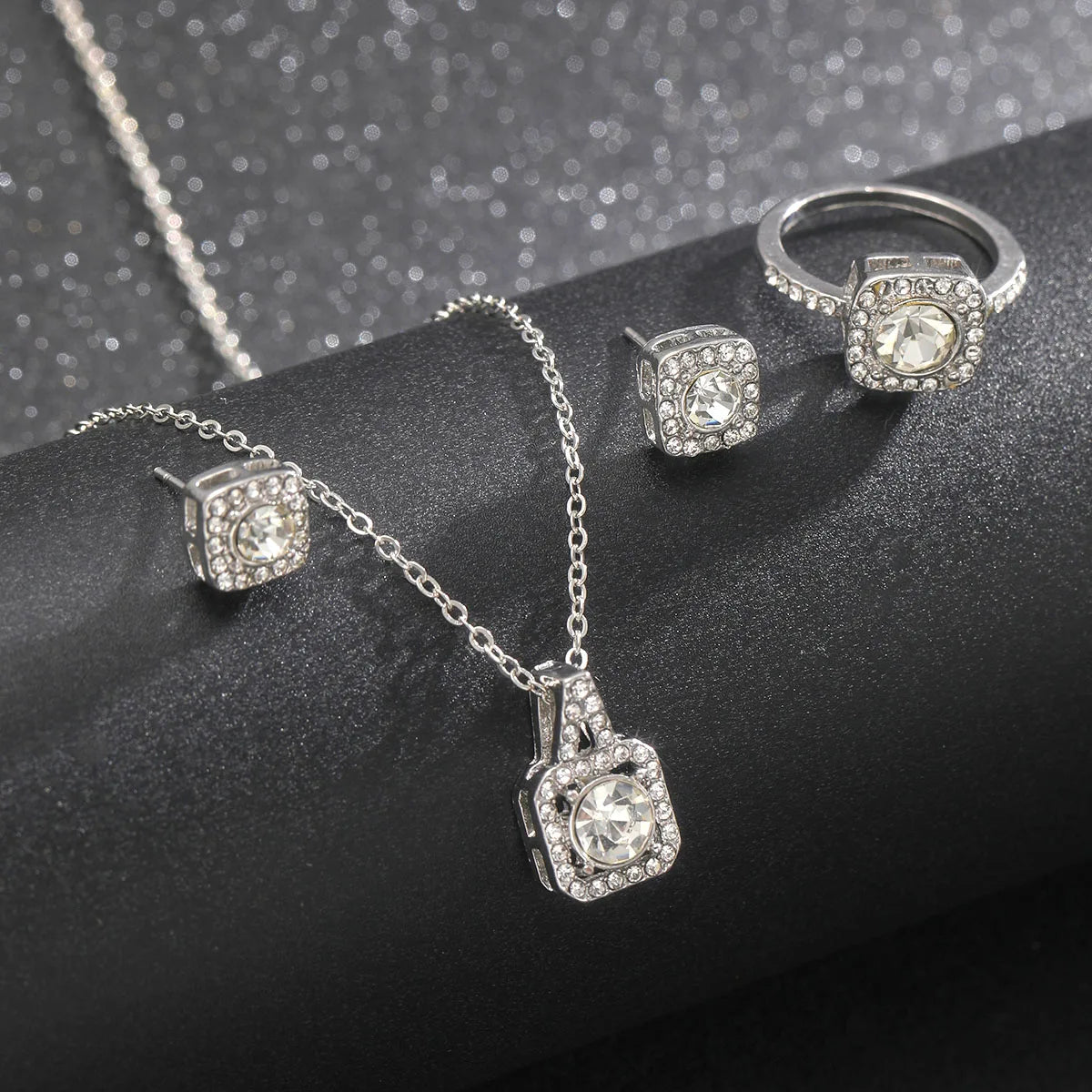 Luxury Square Zircon Crystal Earring Necklace Ring 3 Piece Set for