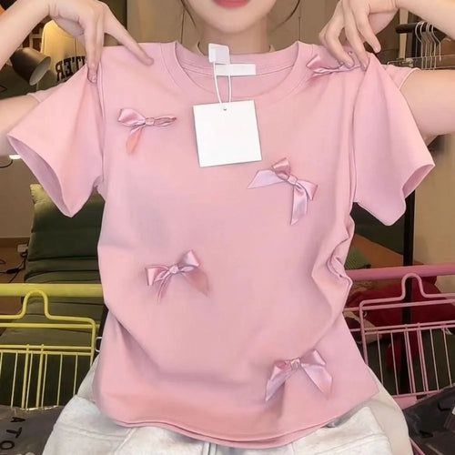 Elegant Ballet Bowknot T Shirts Round Collar Japanese Style Women Top