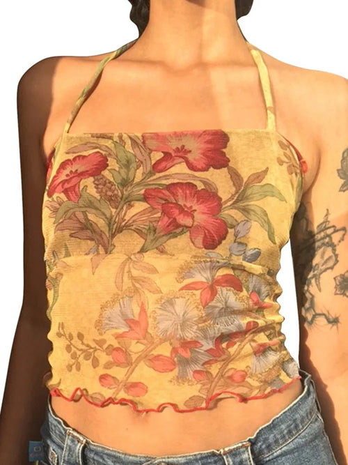 Y2K Mesh Sheer Floral T-shirt Vintage halter Tops Women Sleeveless