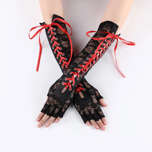 Women Sexy Floral Lace Elbow Length Half-Finger Gloves Black String
