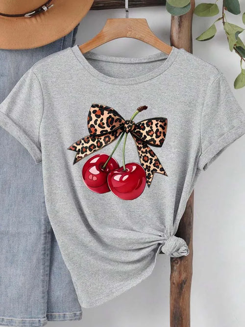 Fashion Cherry Print Women T-Shirt Short Sleeve Crew Neck Casual Tops