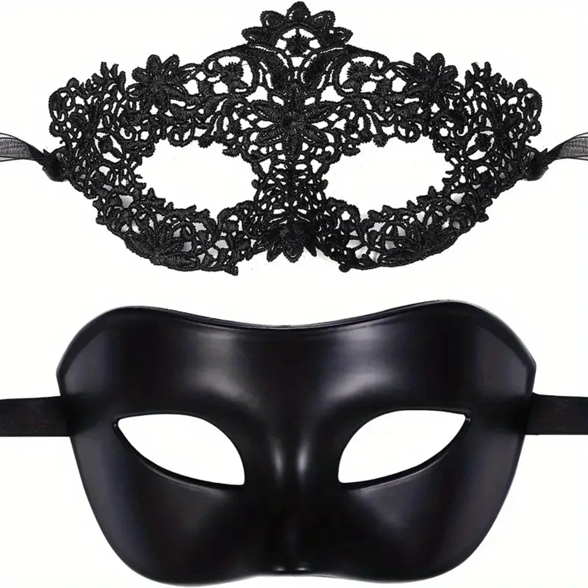 2pcs Elegant Black Lace Masquerade Mask Set for Couples - Perfect for