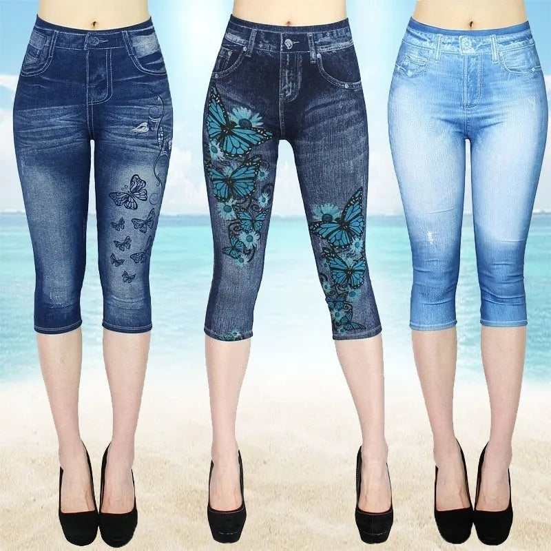 Women Print Imitation Denim Leggings Skinny Stretchy Cropped Pants