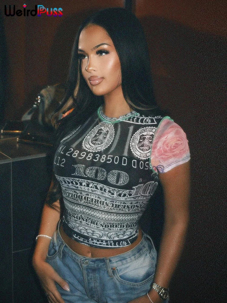 Weird Puss See Through Crop Tops Women Numeral Print Short Sleeve