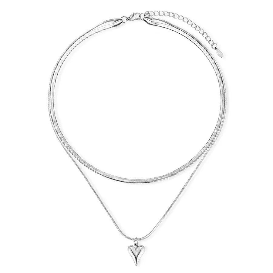 Double Layered Love Heart Pendant Necklace for Women Simple Neck Chain