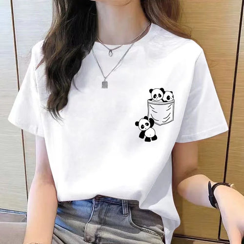 Women Short Sleeve Top Summer New Pocket Panda Cartoon Printed T-shirt
