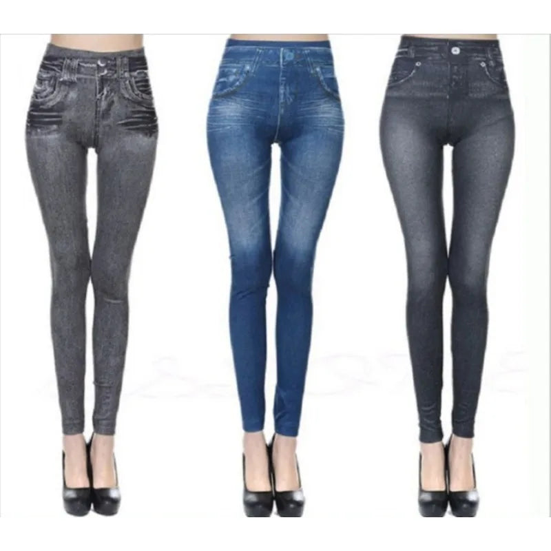 European American High Elasticity Denim Printed Leggings Women's High
