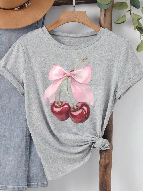 Fashion Cherry Print Women T-Shirt Short Sleeve Crew Neck Casual Tops