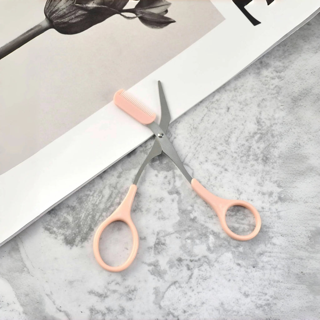 Pink eyebrow trimming scissors with built-in comb - stainless steel,