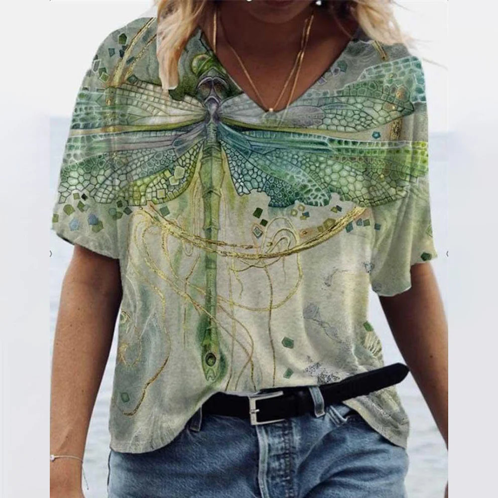 Women's T-shirts Summer Gradient Graphics Tops V Neck Fashion Female