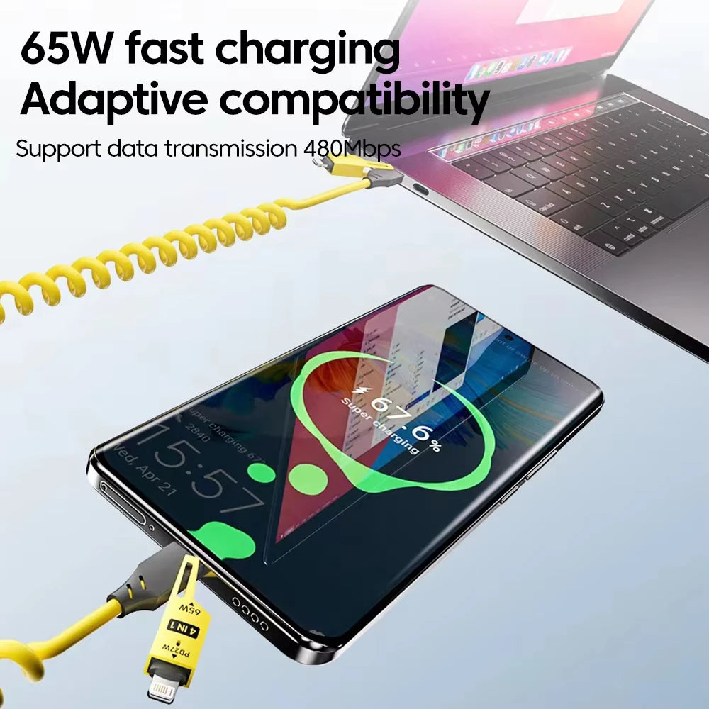 NNBILI 4 in 1 65W Spring Short Data Cable 6A USB Type C Spring