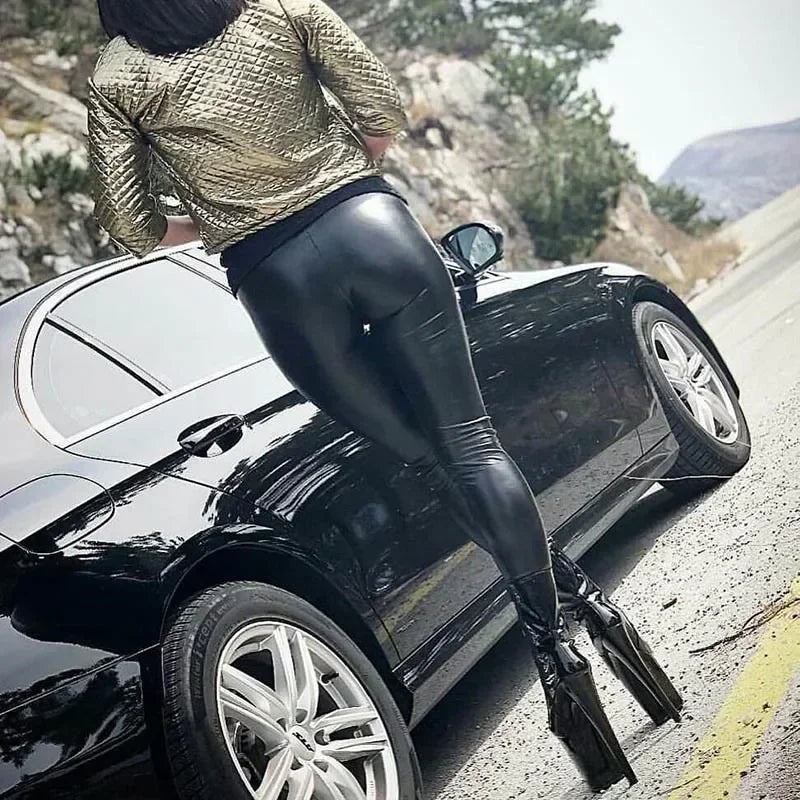 Sexy Black PU Leather Tights Women High Waist Pants High Elastic Slim