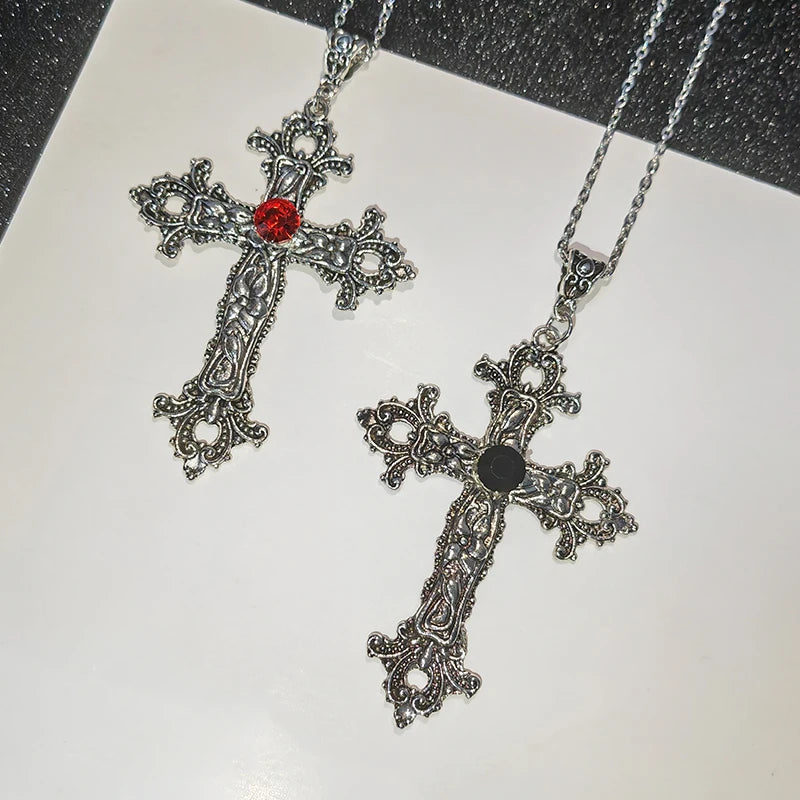 Y2K Punk Crystal Big Cross Pendant Necklaces for Women Men Gothic