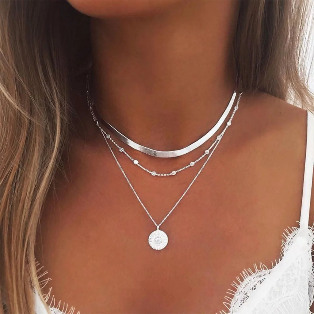 Multi-layer Chain Necklace Alloy Material Silvery Three-layer