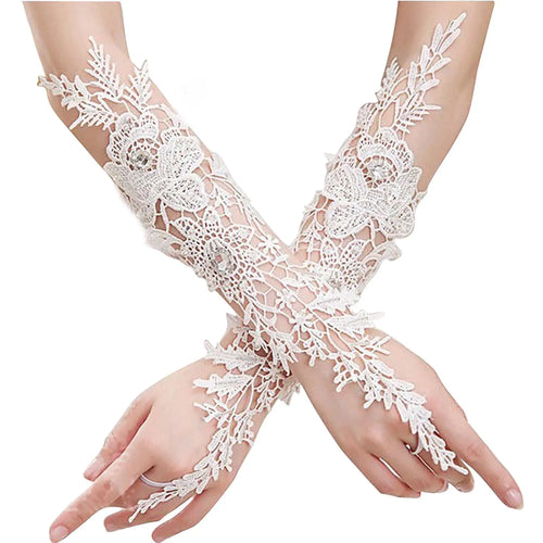Lace Crystal Women’s Wedding Gloves Fingerless Elbow Bridal Floral