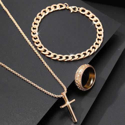 Men's 3pcs Fashion Alloy Jewelry Set - Cross Pendant Necklace,