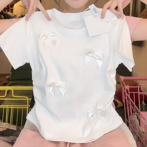 Elegant Ballet Bowknot T Shirts Round Collar Japanese Style Women Top