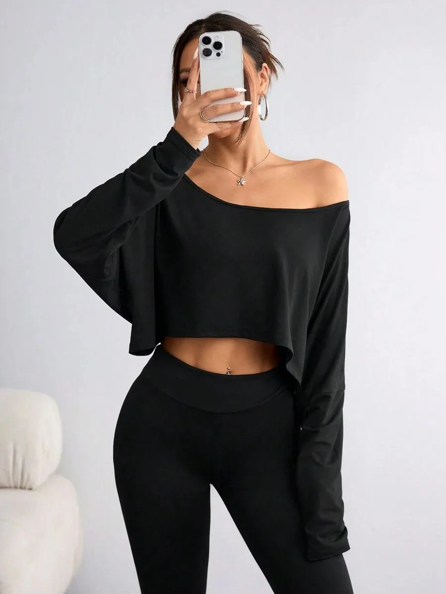 Women'S Black Long Sleeve Blouse T-shirt Casual Asymmetrical Neck