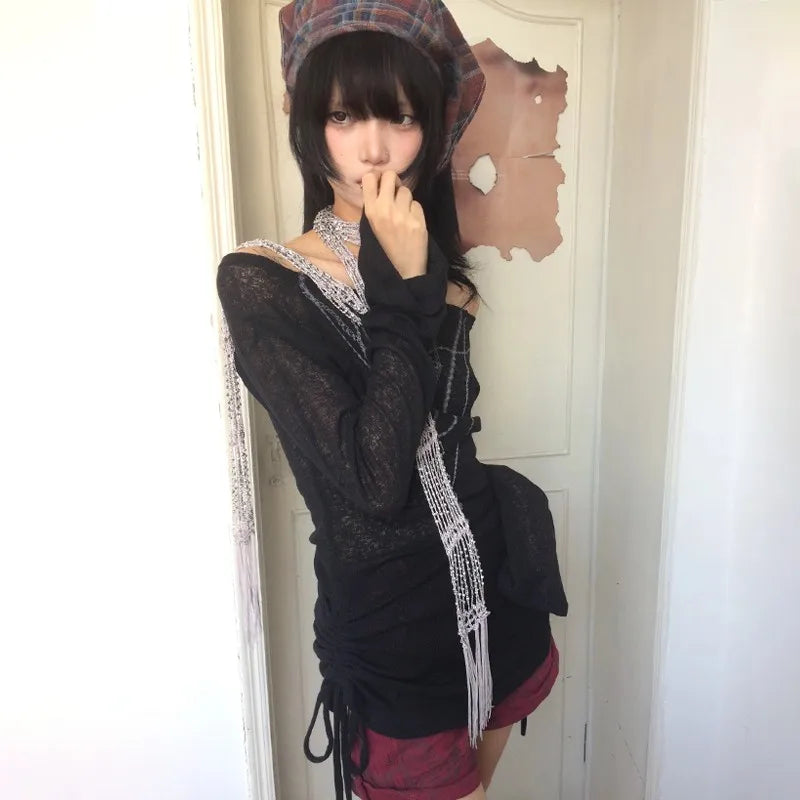 Karrram Japanese Y2k Knitted Tops Grunge Tattoo Print Long Sleeve