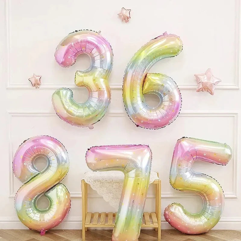 1pc 40inch Pastel Rainbow Number Foil Balloons Star Sky Gradient