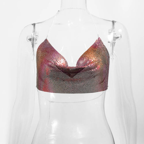 Sexy Metal Metallic Crop Top Women Beach Halter Corset Tops Glitter