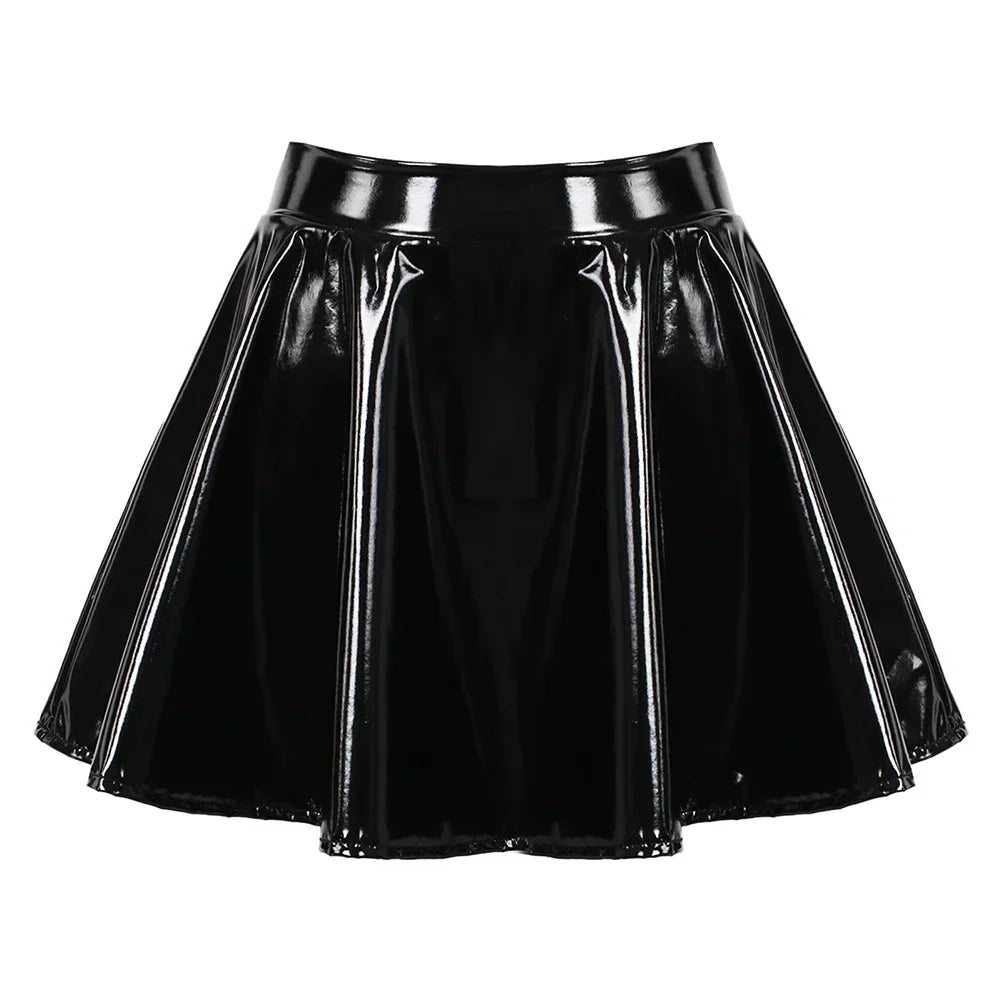 Women Glossy Patent Leather Flared Miniskirt Dance A Line Skirt