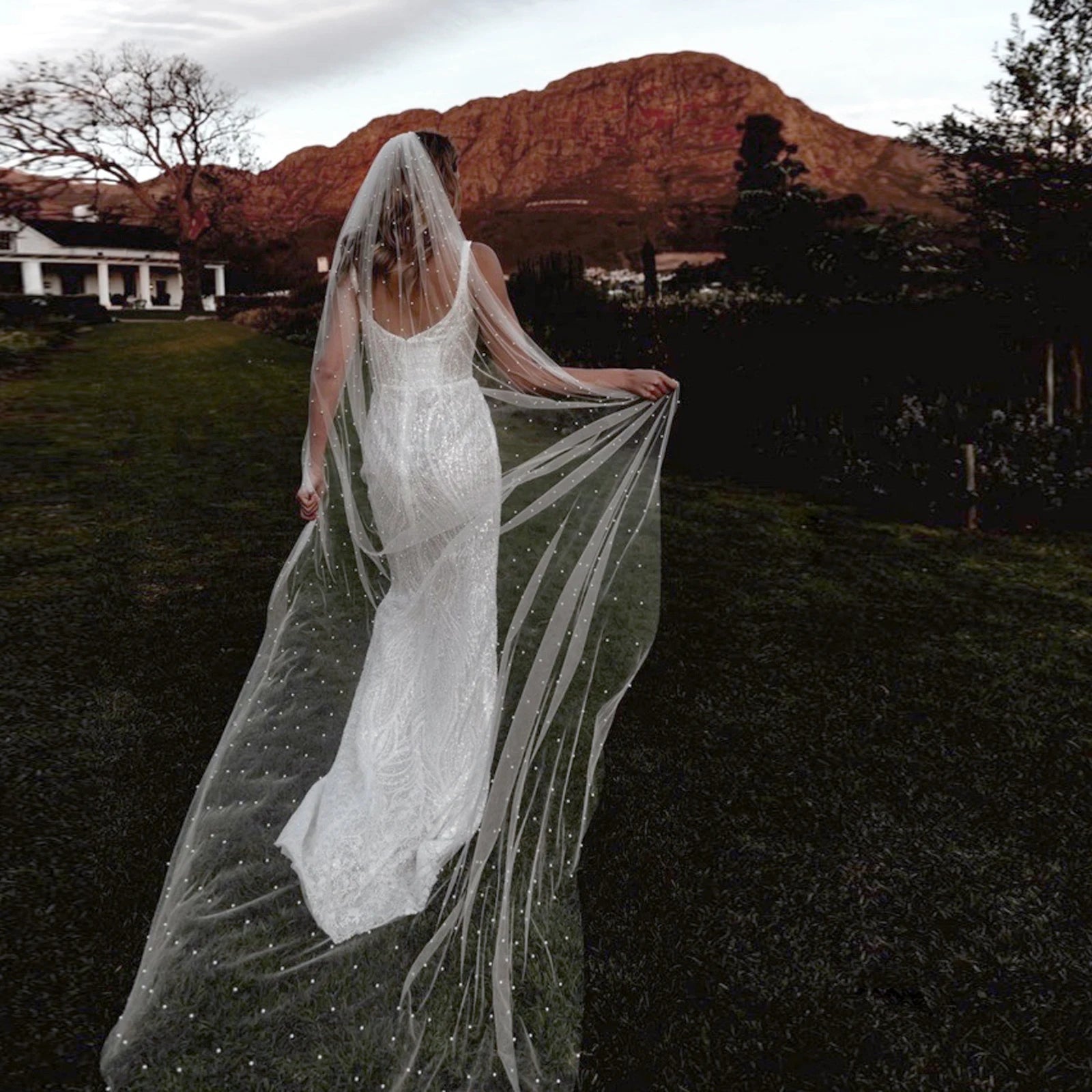 Short Wedding Veil for Bride Pearls Beaded Bridal Veils with Comb Soft