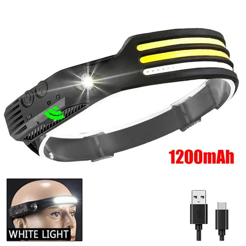 COB LED Headlamp Induction Head Lamp Built-in Battery USB Rechargeable