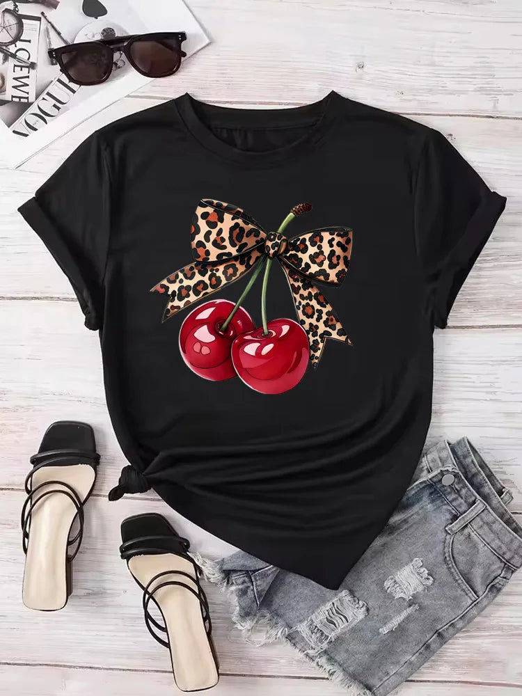 Fashion Cherry Print Women T-Shirt Short Sleeve Crew Neck Casual Tops