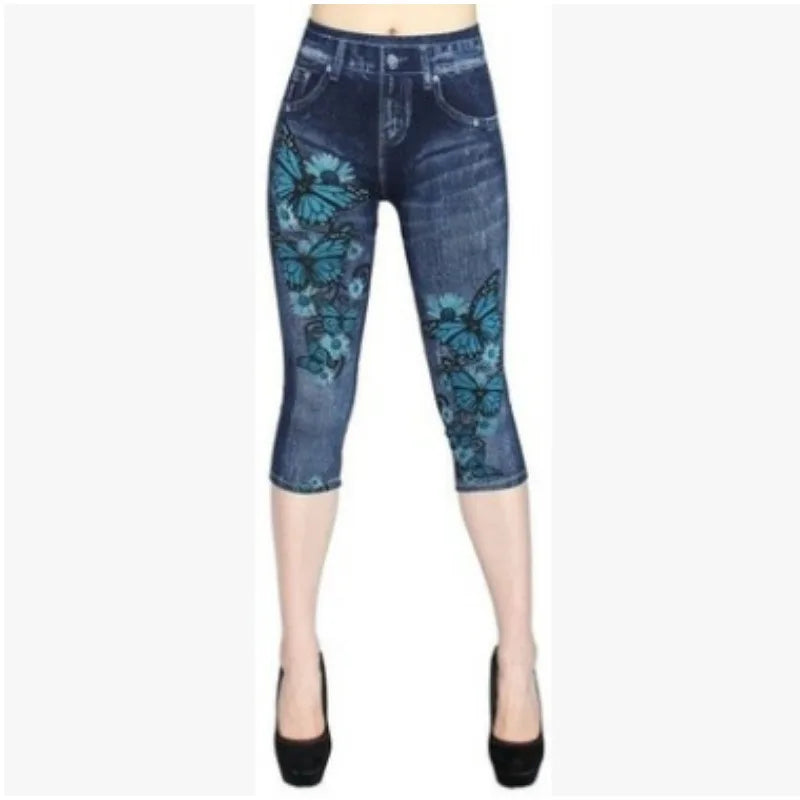 Women Print Imitation Denim Leggings Skinny Stretchy Cropped Pants