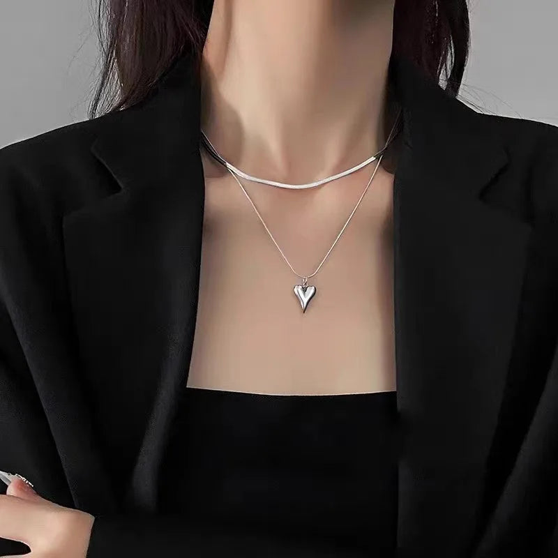 Double Layered Love Heart Pendant Necklace for Women Simple Neck Chain