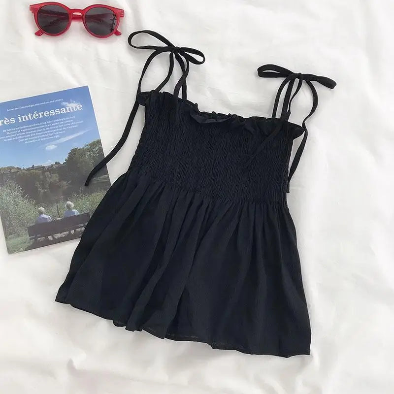 Sexy Tank Top Bow Halter Crop Tops Women Summer Folds Camis Backless