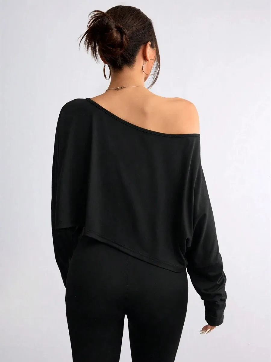 Women'S Black Long Sleeve Blouse T-shirt Casual Asymmetrical Neck
