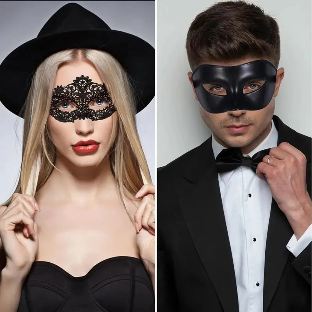 2pcs Elegant Black Lace Masquerade Mask Set for Couples - Perfect for