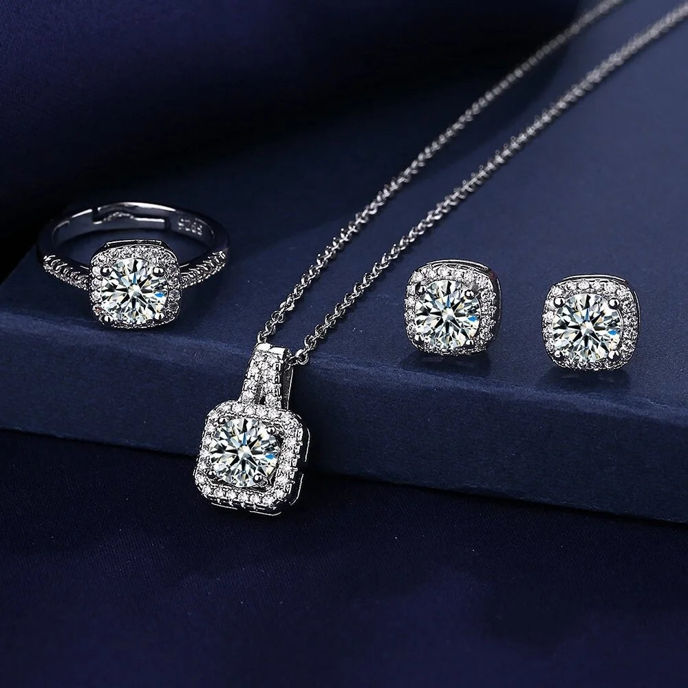 Luxury Square Zircon Crystal Earring Necklace Ring 3 Piece Set for