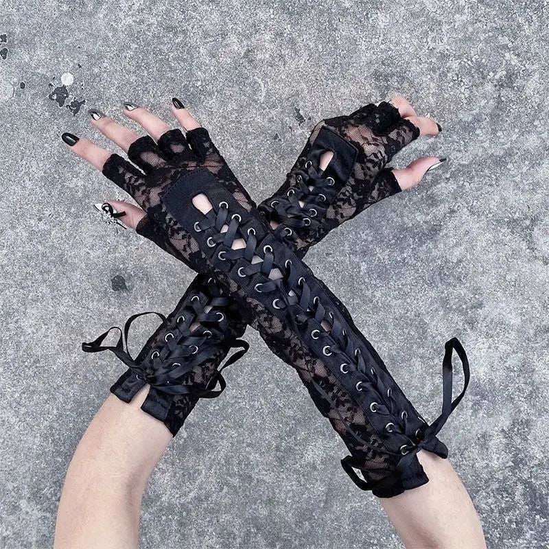 Women Sexy Floral Lace Elbow Length Half-Finger Gloves Black String