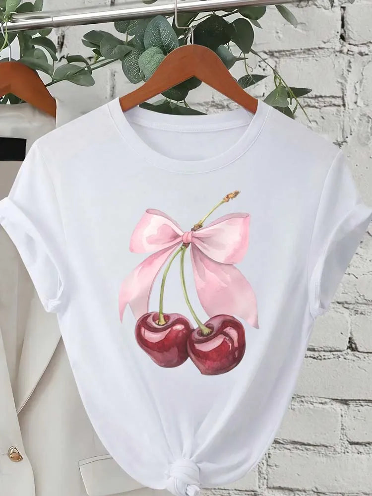 Fashion Cherry Print Women T-Shirt Short Sleeve Crew Neck Casual Tops