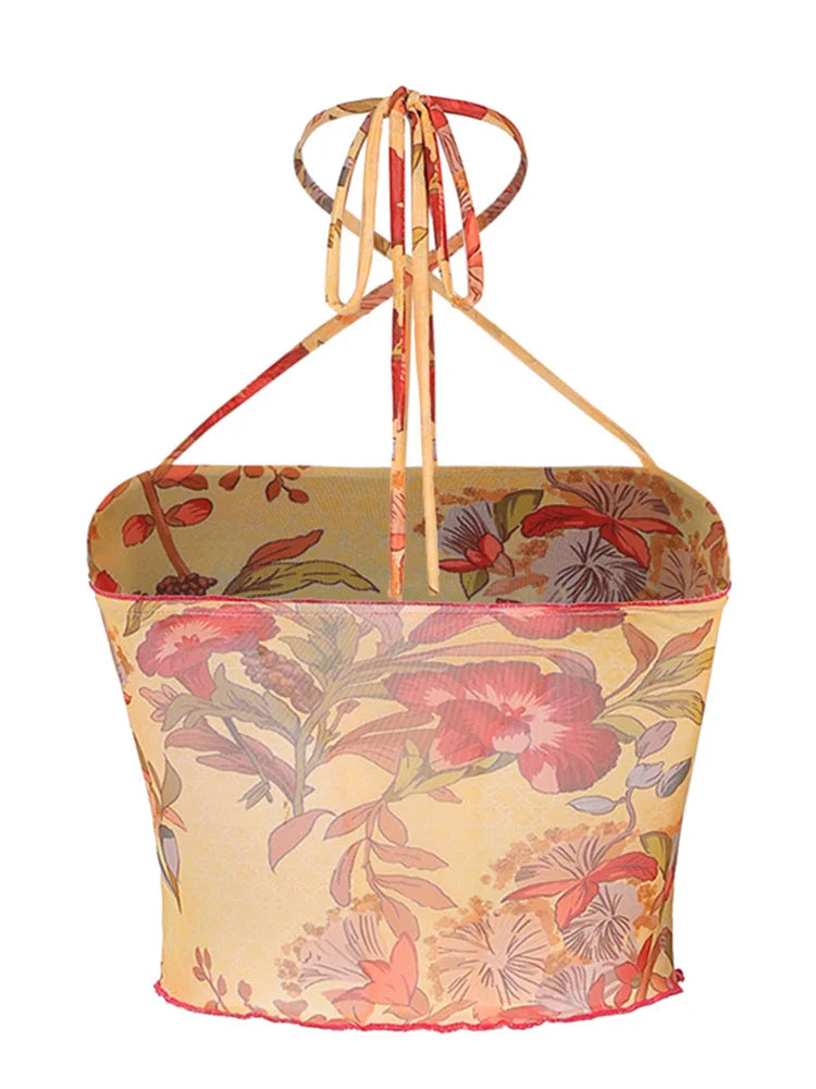 Y2K Mesh Sheer Floral T-shirt Vintage halter Tops Women Sleeveless